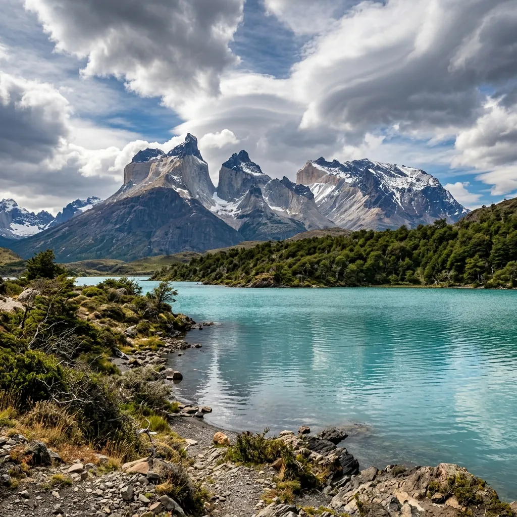 Lagos de Villa La Angostura con bosque verde y agua turquesa